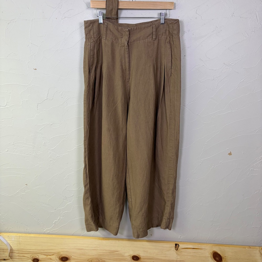 Chicos Linen Wide Leg Pants Womens 12 Brown High Rise Pleated Coastal Earthy